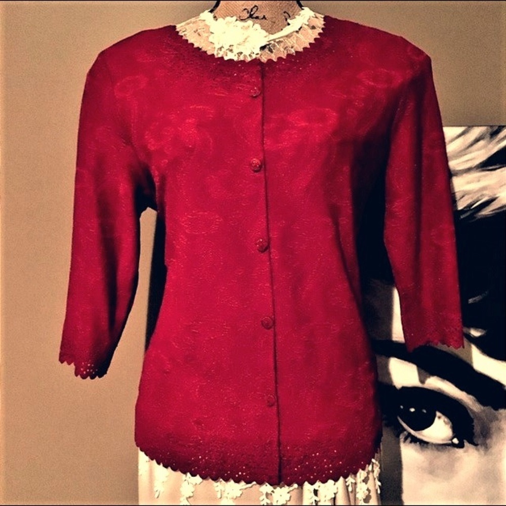 Rebecca Malone Petite Festive Red Textured Embossed Lacy Cut Out Button Blouse